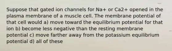 Suppose that gated ion channels for Na+ or Ca2+ opened in the plasma membrane of a muscle cell. The membrane potential of that cell would a) move toward the equilibrium potential for that ion b) become less negative than the resting membrane potential c) move farther away from the potassium equilibrium potential d) all of these