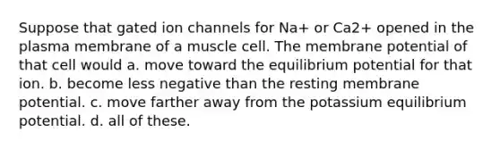 Suppose that gated ion channels for Na+ or Ca2+ opened in the plasma membrane of a muscle cell. The membrane potential of that cell would a. move toward the equilibrium potential for that ion. b. become less negative than the resting membrane potential. c. move farther away from the potassium equilibrium potential. d. all of these.