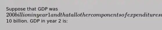 Suppose that GDP was 200 billion in year 1 and that all other components of expenditures remained the same in year 2 except that business inventories fell by10 billion. GDP in year 2 is: