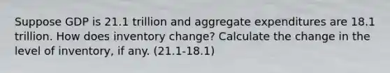 Suppose GDP is 21.1 trillion and aggregate expenditures are 18.1 trillion. How does inventory change? Calculate the change in the level of inventory, if any. (21.1-18.1)