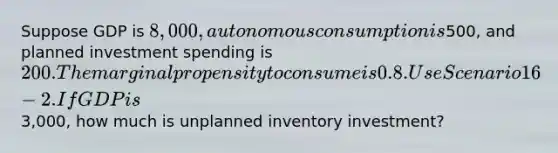 Suppose GDP is 8,000, autonomous consumption is500, and planned investment spending is 200. The marginal propensity to consume is 0.8. Use Scenario 16-2. If GDP is3,000, how much is unplanned inventory investment?