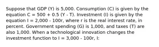 Suppose that GDP (Y) is 5,000. Consumption (C) is given by the equation C = 500 + 0.5 (Y - T). Investment (I) is given by the equation I = 2,000 - 100r, where r is the real interest rate, in percent. Government spending (G) is 1,000, and taxes (T) are also 1,000. When a technological innovation changes the investment function to I = 3,000 - 100r, I: