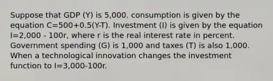 Suppose that GDP (Y) is 5,000. consumption is given by the equation C=500+0.5(Y-T). Investment (I) is given by the equation I=2,000 - 100r, where r is the real interest rate in percent. Government spending (G) is 1,000 and taxes (T) is also 1,000. When a technological innovation changes the investment function to I=3,000-100r.