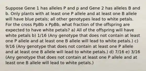 Suppose Gene 1 has alleles P and p and Gene 2 has alleles B and b. Only plants with at least one P allele and at least one B allele will have blue petals; all other genotypes lead to white petals. For the cross PpBb x PpBb, what fraction of the offspring are expected to have white petals? a) All of the offspring will have white petals b) 1/16 (Any genotype that does not contain at least one P allele and at least one B allele will lead to white petals.) c) 9/16 (Any genotype that does not contain at least one P allele and at least one B allele will lead to white petals.) d) 7/16 e) 3/16 (Any genotype that does not contain at least one P allele and at least one B allele will lead to white petals.)