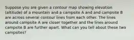 Suppose you are given a contour map showing elevation (altitude) of a mountain and a campsite A and and campsite B are across several contour lines from each other. The lines around campsite A are closer together and the lines around campsite B are further apart. What can you tell about these two campsites?