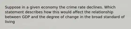 Suppose in a given economy the crime rate declines. Which statement describes how this would affect the relationship between GDP and the degree of change in the broad standard of living