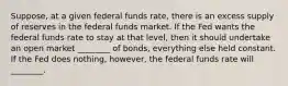 Suppose, at a given federal funds rate, there is an excess supply of reserves in the federal funds market. If the Fed wants the federal funds rate to stay at that level, then it should undertake an open market ________ of bonds, everything else held constant. If the Fed does nothing, however, the federal funds rate will ________.