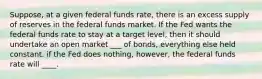 Suppose, at a given federal funds rate, there is an excess supply of reserves in the federal funds market. If the Fed wants the federal funds rate to stay at a target level, then it should undertake an open market ___ of bonds, everything else held constant. if the Fed does nothing, however, the federal funds rate will ____.