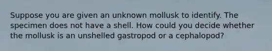 Suppose you are given an unknown mollusk to identify. The specimen does not have a shell. How could you decide whether the mollusk is an unshelled gastropod or a cephalopod?