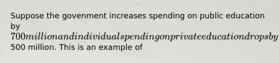 Suppose the govenment increases spending on public education by 700 million and individual spending on private education drops by500 million. This is an example of