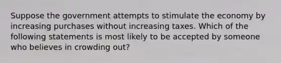 Suppose the government attempts to stimulate the economy by increasing purchases without increasing taxes. Which of the following statements is most likely to be accepted by someone who believes in crowding out?