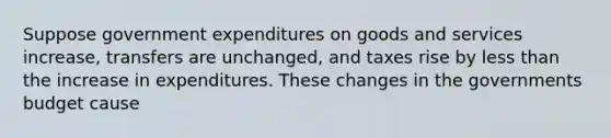 Suppose government expenditures on goods and services increase, transfers are unchanged, and taxes rise by less than the increase in expenditures. These changes in the governments budget cause