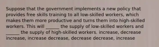 Suppose that the government implements a new policy that provides free skills training to all low-skilled workers, which makes them more productive and turns them into high-skilled workers. This will ______ the supply of low-skilled workers and ______ the supply of high-skilled workers. increase, decrease increase, increase decrease, decrease decrease, increase