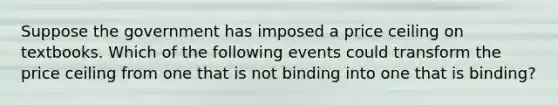 Suppose the government has imposed a price ceiling on textbooks. Which of the following events could transform the price ceiling from one that is not binding into one that is binding?