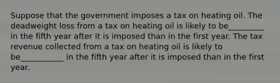 Suppose that the government imposes a tax on heating oil. The deadweight loss from a tax on heating oil is likely to be_________ in the fifth year after it is imposed than in the first year. The tax revenue collected from a tax on heating oil is likely to be___________ in the fifth year after it is imposed than in the first year.