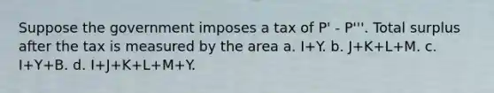 Suppose the government imposes a tax of P' - P'''. Total surplus after the tax is measured by the area a. I+Y. b. J+K+L+M. c. I+Y+B. d. I+J+K+L+M+Y.