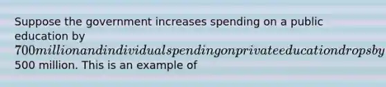 Suppose the government increases spending on a public education by 700 million and individual spending on private education drops by500 million. This is an example of