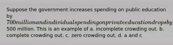 Suppose the government increases spending on public education by 700 million and individual spending on private education drops by500 million. This is an example of a. incomplete crowding out. b. complete crowding out. c. zero crowding out. d. a and c