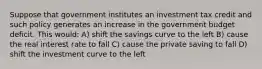 Suppose that government institutes an investment tax credit and such policy generates an increase in the government budget deficit. This would: A) shift the savings curve to the left B) cause the real interest rate to fall C) cause the private saving to fall D) shift the investment curve to the left