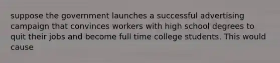 suppose the government launches a successful advertising campaign that convinces workers with high school degrees to quit their jobs and become full time college students. This would cause