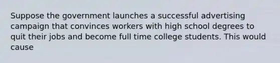 Suppose the government launches a successful advertising campaign that convinces workers with high school degrees to quit their jobs and become full time college students. This would cause