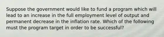 Suppose the government would like to fund a program which will lead to an increase in the full employment level of output and permanent decrease in the inflation rate. Which of the following must the program target in order to be successful?