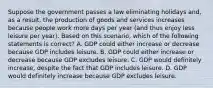 Suppose the government passes a law eliminating holidays and, as a result, the production of goods and services increases because people work more days per year (and thus enjoy less leisure per year). Based on this scenario, which of the following statements is correct? A. GDP could either increase or decrease because GDP includes leisure. B. GDP could either increase or decrease because GDP excludes leisure. C. GDP would definitely increase, despite the fact that GDP includes leisure. D. GDP would definitely increase because GDP excludes leisure.