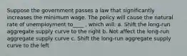 Suppose the government passes a law that significantly increases the minimum wage. The policy will cause the natural rate of unemployment to____ , which will: a. Shift the long-run aggregate supply curve to the right b. Not affect the long-run aggregate supply curve c. Shift the long-run aggregate supply curve to the left