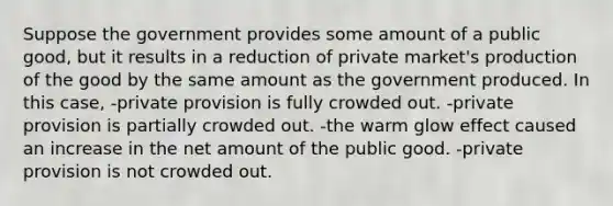 Suppose the government provides some amount of a public good, but it results in a reduction of private market's production of the good by the same amount as the government produced. In this case, -private provision is fully crowded out. -private provision is partially crowded out. -the warm glow effect caused an increase in the net amount of the public good. -private provision is not crowded out.