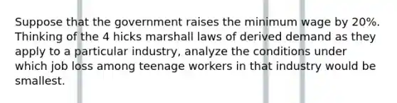 Suppose that the government raises the minimum wage by 20%. Thinking of the 4 hicks marshall laws of derived demand as they apply to a particular industry, analyze the conditions under which job loss among teenage workers in that industry would be smallest.