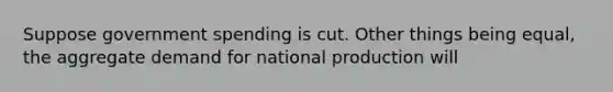 Suppose government spending is cut. Other things being equal, the aggregate demand for national production will