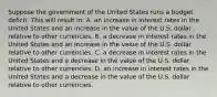 Suppose the government of the United States runs a budget deficit. This will result​ in: A. an increase in interest rates in the United States and an increase in the value of the U.S. dollar relative to other currencies. B. a decrease in interest rates in the United States and an increase in the value of the U.S. dollar relative to other currencies. C. a decrease in interest rates in the United States and a decrease in the value of the U.S. dollar relative to other currencies. D. an increase in interest rates in the United States and a decrease in the value of the U.S. dollar relative to other currencies.