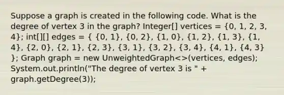 Suppose a graph is created in the following code. What is the degree of vertex 3 in the graph? Integer[] vertices = (0, 1, 2, 3, 4); int[][] edges = ( {0, 1), (0, 2), (1, 0), (1, 2), (1, 3), (1, 4), (2, 0), (2, 1), (2, 3), (3, 1), (3, 2), (3, 4), (4, 1), (4, 3) }; Graph graph = new UnweightedGraph<>(vertices, edges); System.out.println("The degree of vertex 3 is " + graph.getDegree(3));