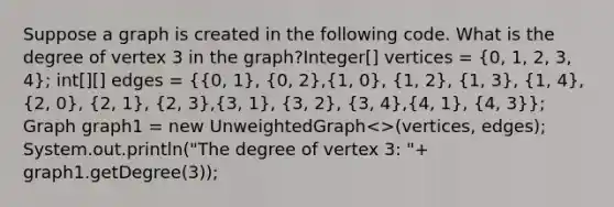 Suppose a graph is created in the following code. What is the degree of vertex 3 in the graph?Integer[] vertices = (0, 1, 2, 3, 4); int[][] edges = ({0, 1), (0, 2),(1, 0), (1, 2), (1, 3), (1, 4),(2, 0), (2, 1), (2, 3),(3, 1), (3, 2), (3, 4),(4, 1), (4, 3)}; Graph graph1 = new UnweightedGraph<>(vertices, edges); System.out.println("The degree of vertex 3: "+ graph1.getDegree(3));