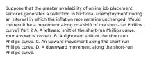 Suppose that the greater availability of online job placement services generates a reduction in frictional unemployment during an interval in which the inflation rate remains unchanged. Would the result be a movement along or a shift of the ​short-run Phillips​ curve? Part 2 A. A leftward shift of the​ short-run Phillips curve. Your answer is correct. B. A rightward shift of the​ short-run Phillips curve. C. An upward movement along the​ short-run Phillips curve. D. A downward movement along the​ short-run Phillips curve.