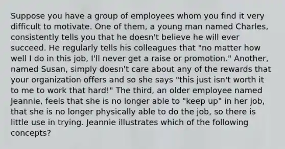 Suppose you have a group of employees whom you find it very difficult to motivate. One of them, a young man named Charles, consistently tells you that he doesn't believe he will ever succeed. He regularly tells his colleagues that "no matter how well I do in this job, I'll never get a raise or promotion." Another, named Susan, simply doesn't care about any of the rewards that your organization offers and so she says "this just isn't worth it to me to work that hard!" The third, an older employee named Jeannie, feels that she is no longer able to "keep up" in her job, that she is no longer physically able to do the job, so there is little use in trying. Jeannie illustrates which of the following concepts?