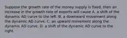 Suppose the growth rate of the money supply is fixed, then an increase in the growth rate of exports will cause A. a shift of the dynamic AD curve to the left. B. a downward movement along the dynamic AD curve. C. an upward movement along the dynamic AD curve. D. a shift of the dynamic AD curve to the right.