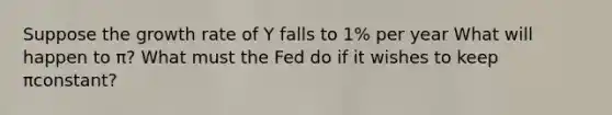 Suppose the growth rate of Y falls to 1% per year What will happen to π? What must the Fed do if it wishes to keep πconstant?