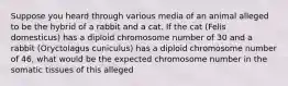 Suppose you heard through various media of an animal alleged to be the hybrid of a rabbit and a cat. If the cat (Felis domesticus) has a diploid chromosome number of 30 and a rabbit (Oryctolagus cuniculus) has a diploid chromosome number of 46, what would be the expected chromosome number in the somatic tissues of this alleged