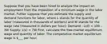 Suppose that you have been hired to analyze the impact on employment from the imposition of a minimum wage in the labor market. Futher suppose that you estimate the supply and demand functions for labor, where L stands for the quantity of labor (measured in thousands of workers) and W stands for the wage rate (measured in dollars per hour): Demand : L(d) = 100 - 3W Supply: L(s) = 7W First, calculate the free-market equilibrium wage and quantity of labor. The competetive market equilibrium wage is ___ per hour.