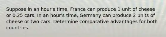 Suppose in an hour's time, France can produce 1 unit of cheese or 0.25 cars. In an hour's time, Germany can produce 2 units of cheese or two cars. Determine comparative advantages for both countries.