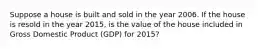 Suppose a house is built and sold in the year 2006. If the house is resold in the year 2015, is the value of the house included in Gross Domestic Product (GDP) for 2015?