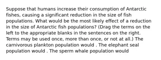 Suppose that humans increase their consumption of Antarctic fishes, causing a significant reduction in the size of fish populations. What would be the most likely effect of a reduction in the size of Antarctic fish populations? (Drag the terms on the left to the appropriate blanks in the sentences on the right. Terms may be used once, more than once, or not at all.) The carnivorous plankton population would . The elephant seal population would . The sperm whale population would