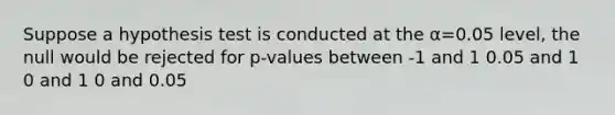 Suppose a hypothesis test is conducted at the α=0.05 level, the null would be rejected for p-values between -1 and 1 0.05 and 1 0 and 1 0 and 0.05