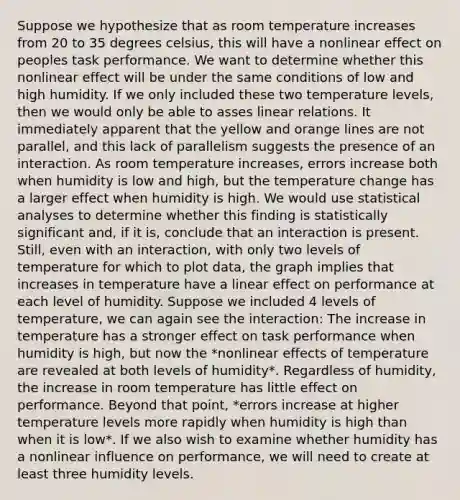 Suppose we hypothesize that as room temperature increases from 20 to 35 degrees celsius, this will have a nonlinear effect on peoples task performance. We want to determine whether this nonlinear effect will be under the same conditions of low and high humidity. If we only included these two temperature levels, then we would only be able to asses linear relations. It immediately apparent that the yellow and orange lines are not parallel, and this lack of parallelism suggests the presence of an interaction. As room temperature increases, errors increase both when humidity is low and high, but the temperature change has a larger effect when humidity is high. We would use statistical analyses to determine whether this finding is statistically significant and, if it is, conclude that an interaction is present. Still, even with an interaction, with only two levels of temperature for which to plot data, the graph implies that increases in temperature have a linear effect on performance at each level of humidity. Suppose we included 4 levels of temperature, we can again see the interaction: The increase in temperature has a stronger effect on task performance when humidity is high, but now the *nonlinear effects of temperature are revealed at both levels of humidity*. Regardless of humidity, the increase in room temperature has little effect on performance. Beyond that point, *errors increase at higher temperature levels more rapidly when humidity is high than when it is low*. If we also wish to examine whether humidity has a nonlinear influence on performance, we will need to create at least three humidity levels.