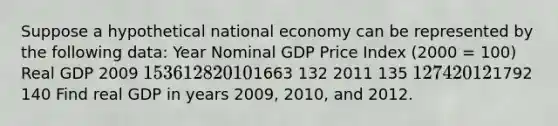 Suppose a hypothetical national economy can be represented by the following data: Year Nominal GDP Price Index (2000 = 100) Real GDP 2009 1536 128 20101663 132 2011 135 1274 20121792 140 Find real GDP in years 2009, 2010, and 2012.