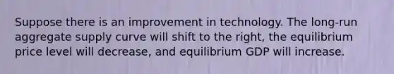 Suppose there is an improvement in technology. The​ long-run aggregate supply curve will shift to the right​, the equilibrium price level will decrease​, and equilibrium GDP will increase.