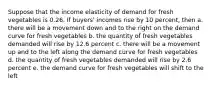 Suppose that the income elasticity of demand for fresh vegetables is 0.26. If buyers' incomes rise by 10 percent, then a. there will be a movement down and to the right on the demand curve for fresh vegetables b. the quantity of fresh vegetables demanded will rise by 12.6 percent c. there will be a movement up and to the left along the demand curve for fresh vegetables d. the quantity of fresh vegetables demanded will rise by 2.6 percent e. the demand curve for fresh vegetables will shift to the left