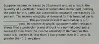 Suppose income increases by 25 percent​ and, as a​ result, the quantity of a particular brand of automobile demanded​ (holding the price for this particular automobile​ constant) decreasesby 13 percent. The income elasticity of demand for this brand of car is __________________ This particular brand of automobile is​ a(n) __________ good. In another​ example, suppose market research shows that a particular brand of truck is a normal good and a necessity If​ so, then the income elasticity of demand for this truck is A. positive B. less than 1 but greater than 0 C. zero. D. greater than 1 E. negative