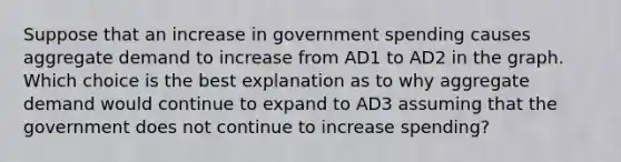 Suppose that an increase in <a href='https://www.questionai.com/knowledge/kYdoH4iCZa-government-spending' class='anchor-knowledge'>government spending</a> causes <a href='https://www.questionai.com/knowledge/kXfli79fsU-aggregate-demand' class='anchor-knowledge'>aggregate demand</a> to increase from AD1 to AD2 in the graph. Which choice is the best explanation as to why aggregate demand would continue to expand to AD3 assuming that the government does not continue to increase spending?